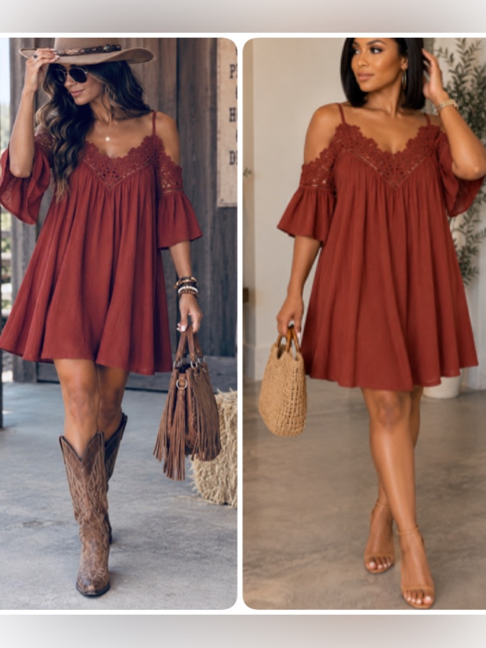 Tobi Festival Ready Rust Lace-Trim Cold-Shoulder Swing Dress